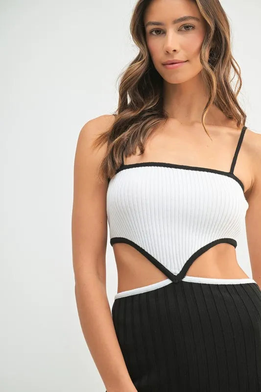 MABLE Ribbed Knit Color Block Cutout Midi Dress 
