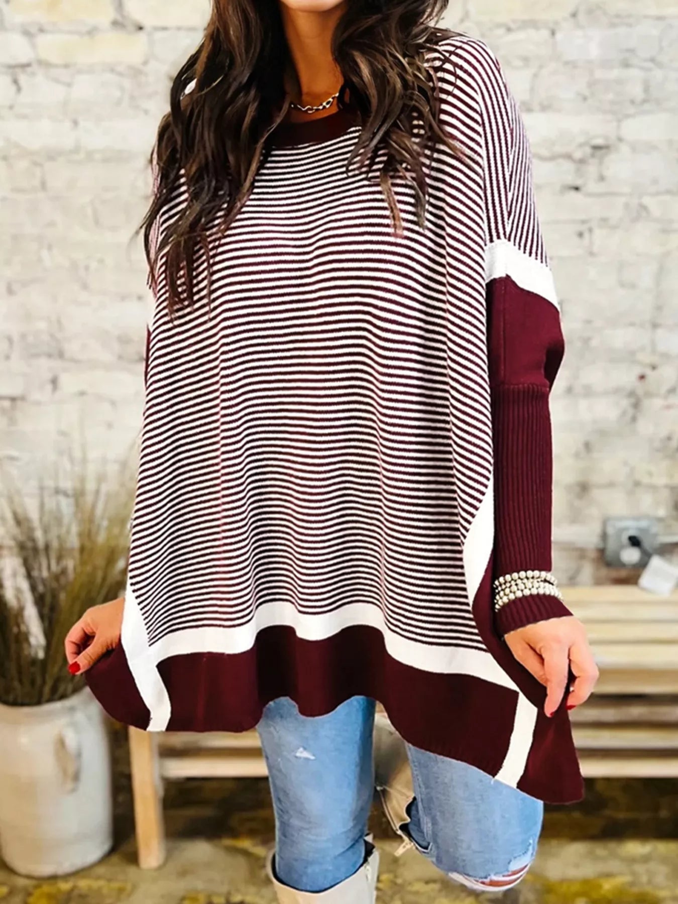 Stripe Color Block Patchwork Dolman Oversize Tunic Sweater 