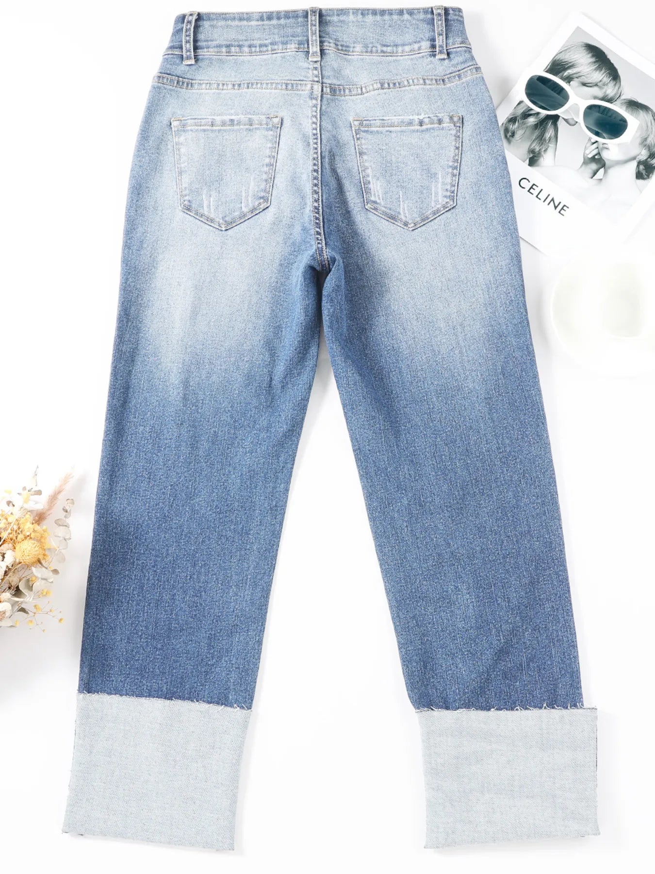 High Waist Distressed Straight Leg Jeans 
