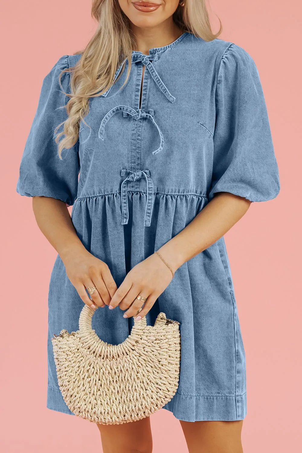 Bowknot Round Neck Half Sleeve Denim Dress 