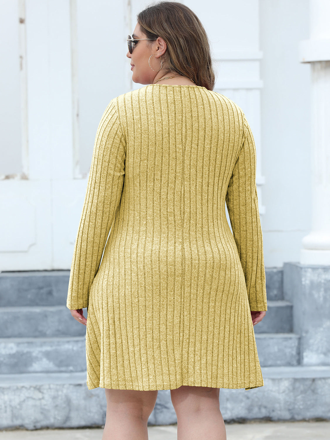 Plus Size Ribbed Buttoned V-Neck Long Sleeve Dress 