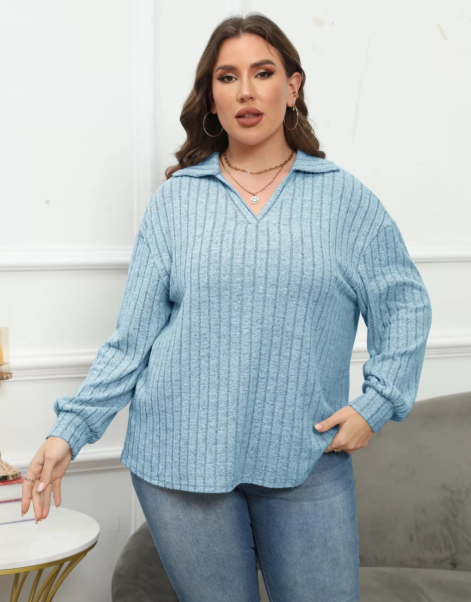 Plus Size Ribbed Knit Polo Collar T-Shirt 
