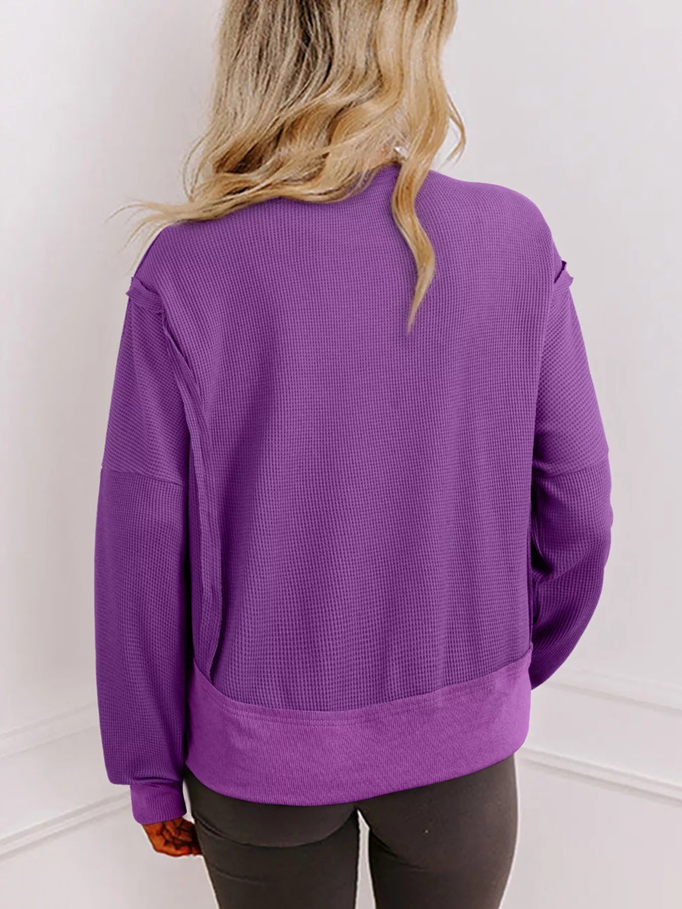 Solid Color Raw Seam Patchwork Ribbed Drop Shoulder Sweatshirt 