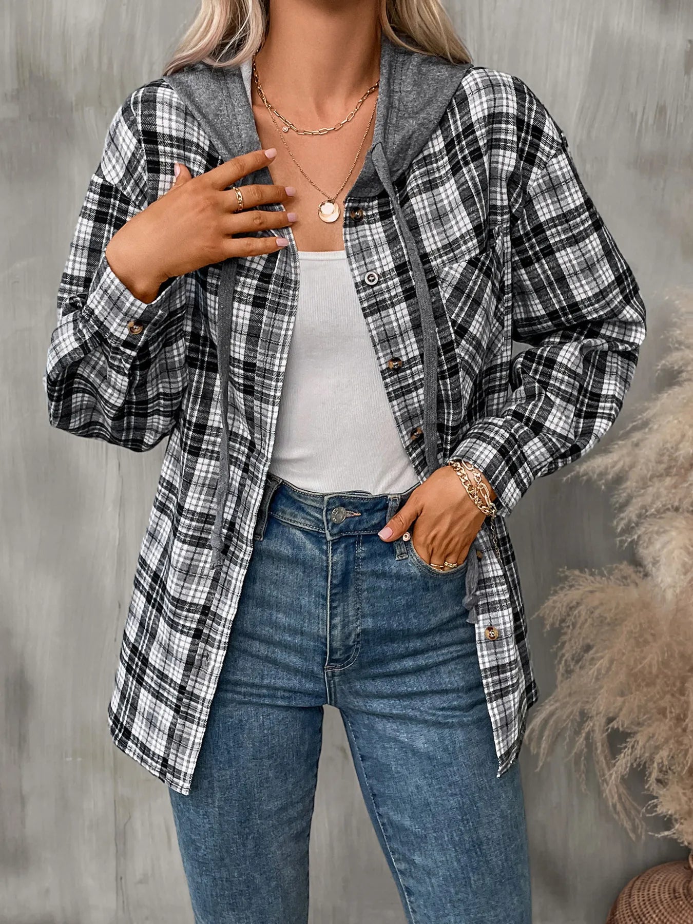 Plaid Button-Up Hooded Shirt with Chest Pocket 