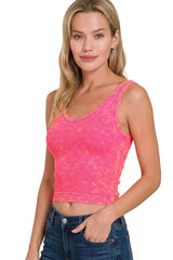 Zenana Washed Ribbed Seamless Cropped V-neck Tank Top 