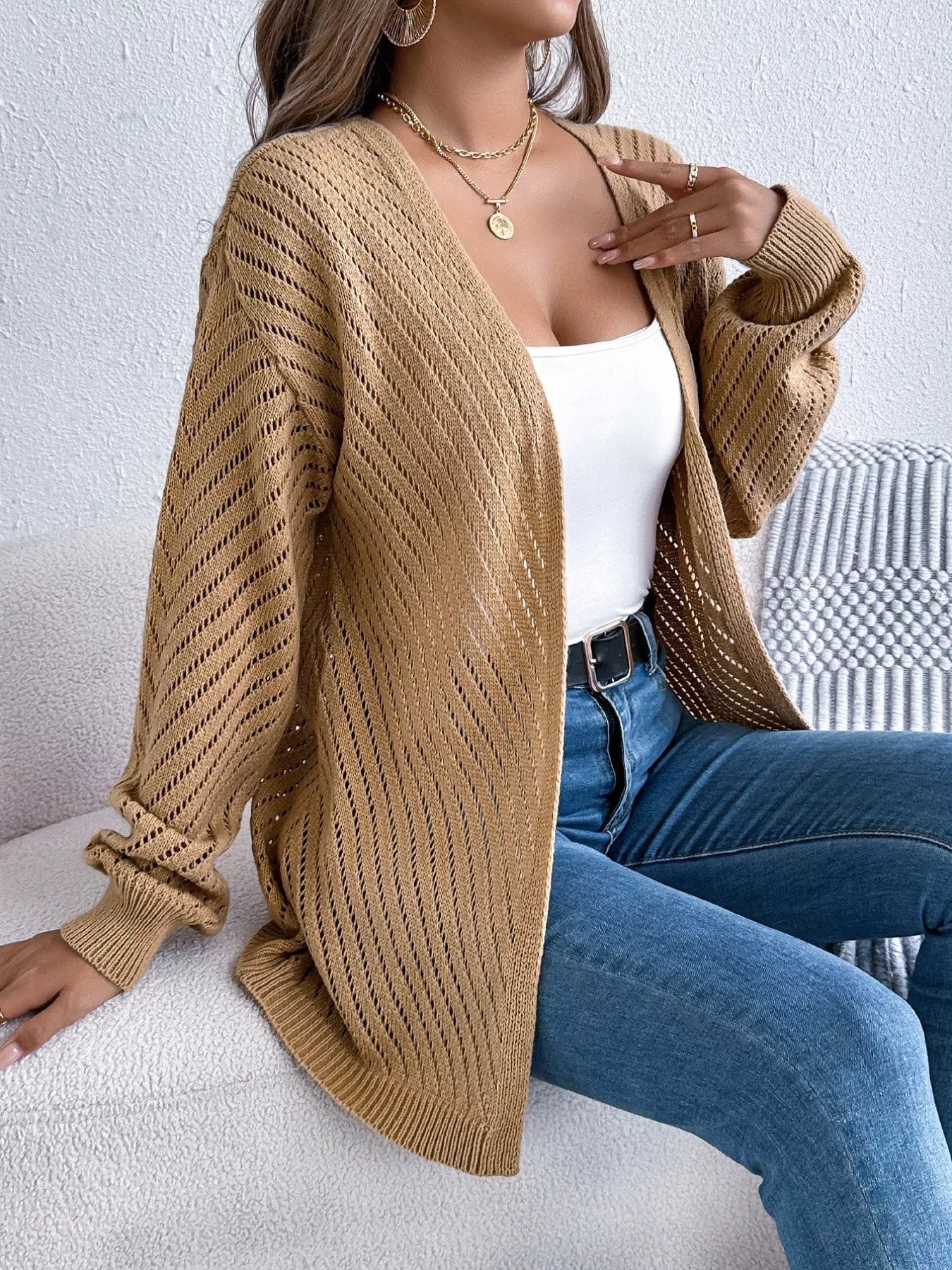 Openwork Open-Front Long Sleeve Cardigan 