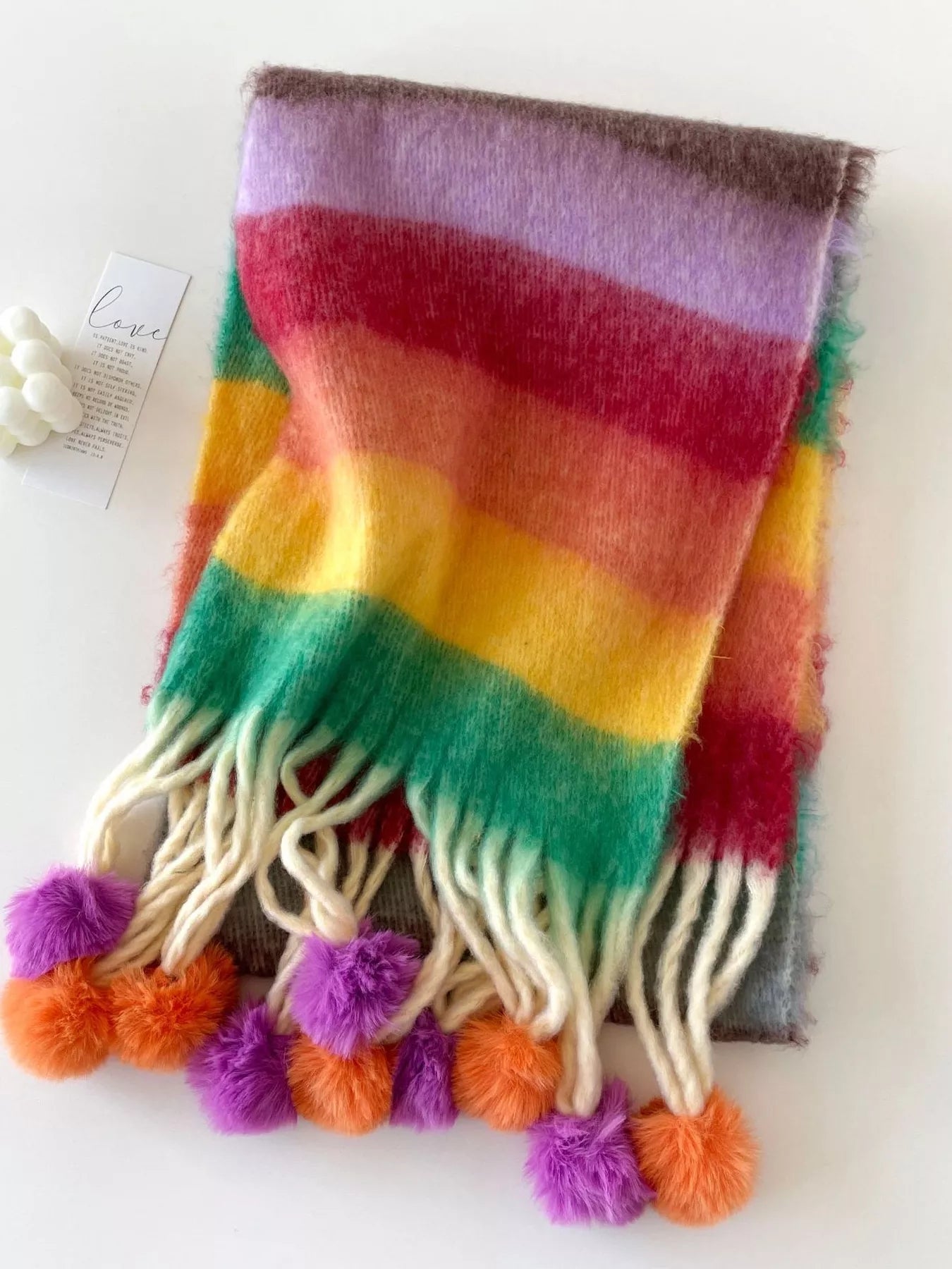 Rainbow Striped Fuzzy Scarf with Pom-Poms 