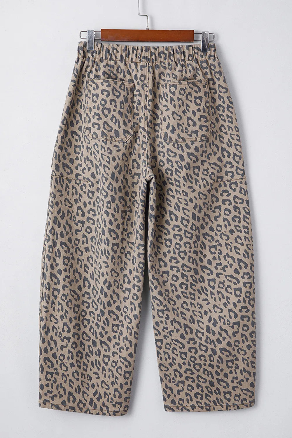 Leopard Printed Drawstring Waist Pocketed Wide Leg Jeans 
