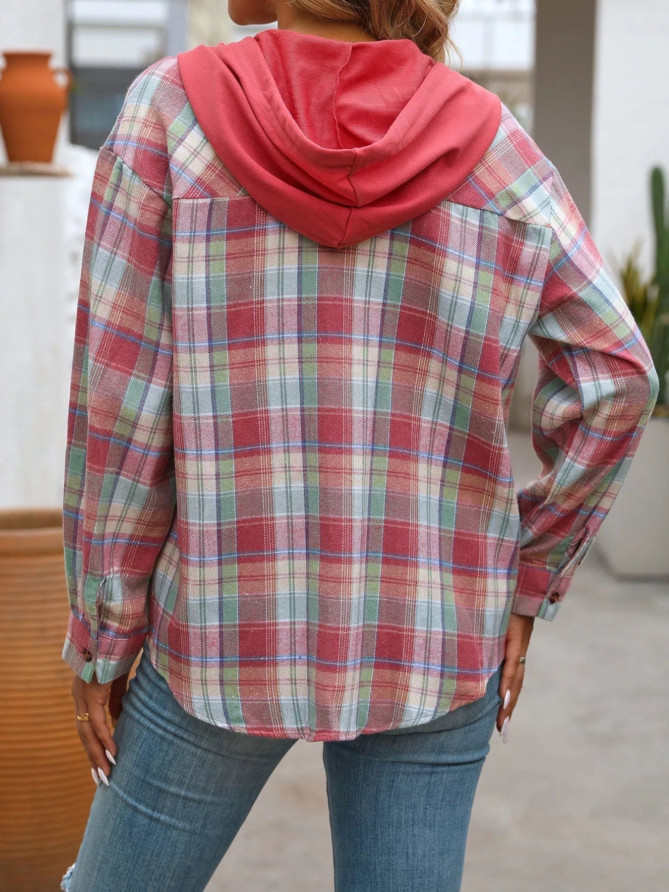 Plaid Button-Up Hooded Shirt with Chest Pocket 