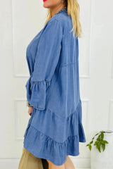 Notched Flare Sleeve Denim Dress 