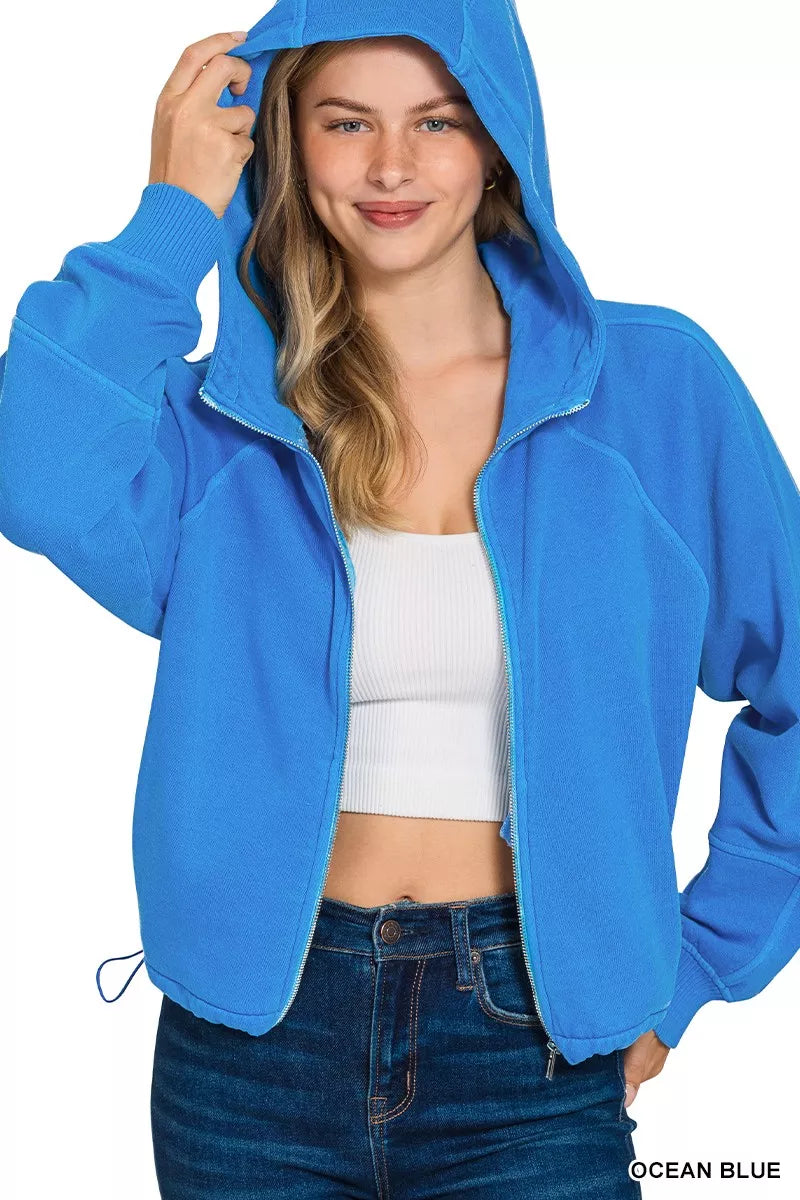 Zenana Fleece Pigment Dye Zip Up Hoodie with Pockets 