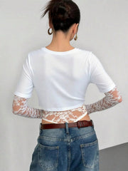 Full Size Lace Patchwork Round Neck Bodysuit Plus Size 