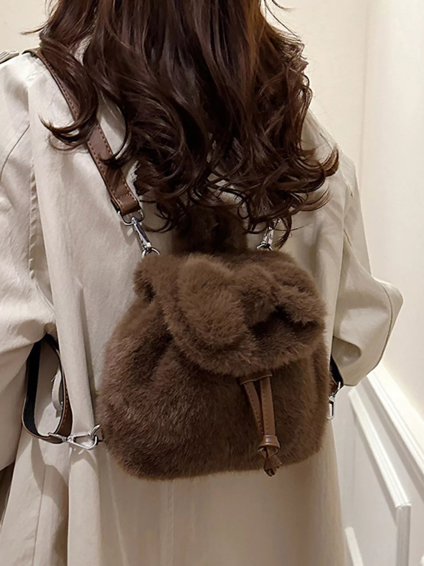 Fuzzy Plush Drawstring Backpack Bag 