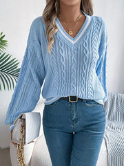 Cable Knit V-Neck Long Sleeve Sweater 