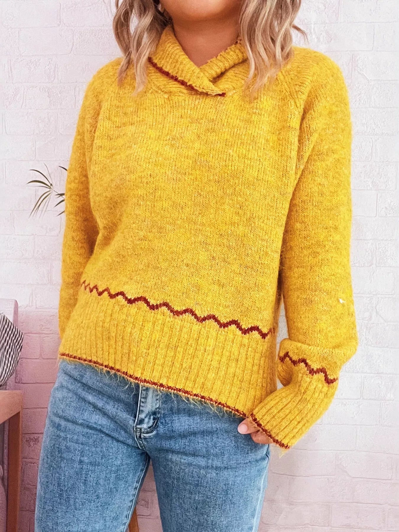 Ribbed Contrast Trim Long Sleeve Sweater 