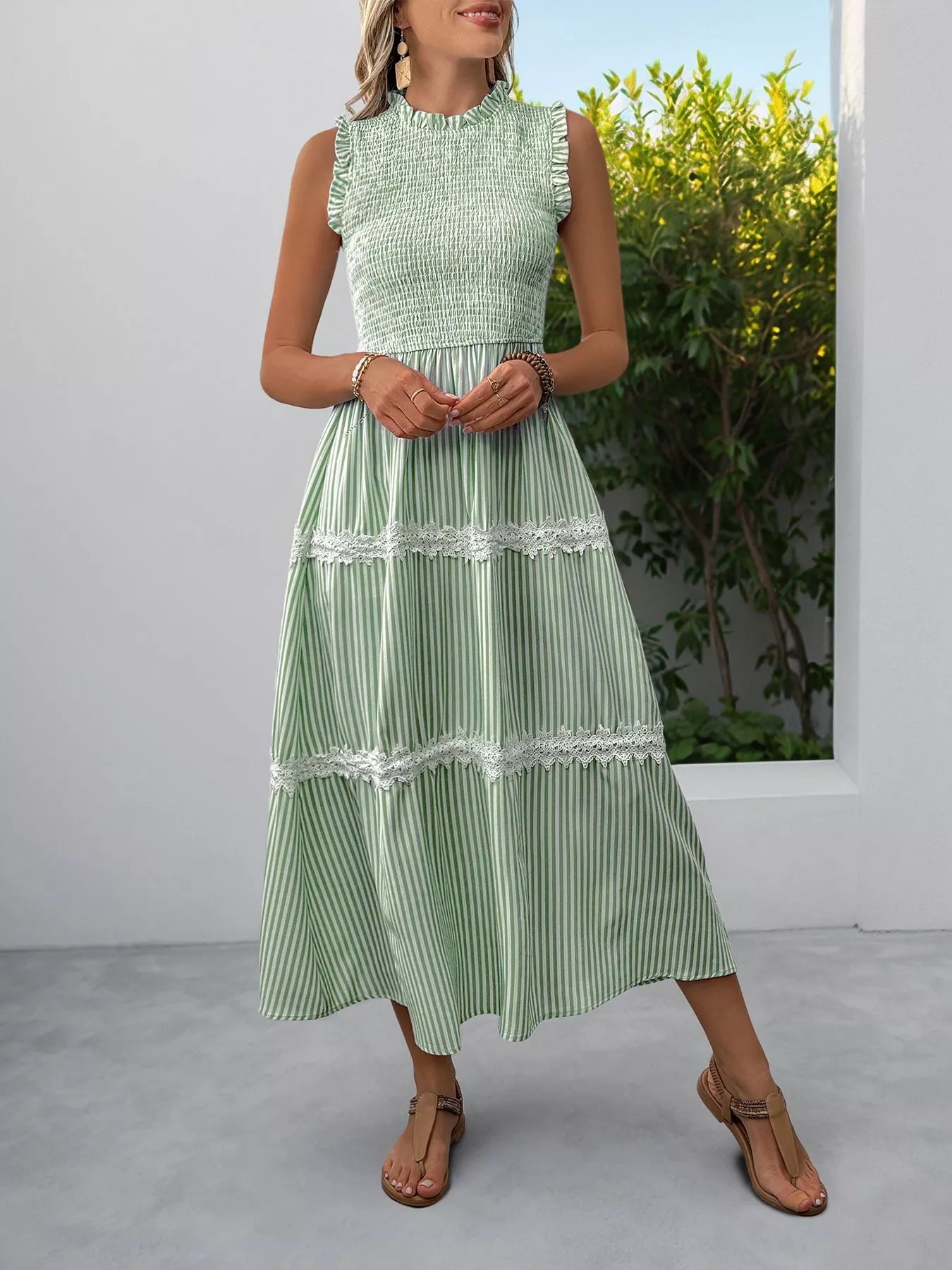 Smocked Striped Lace Trim Sleeveless Midi Dress 