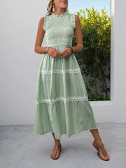 Smocked Striped Lace Trim Sleeveless Midi Dress 