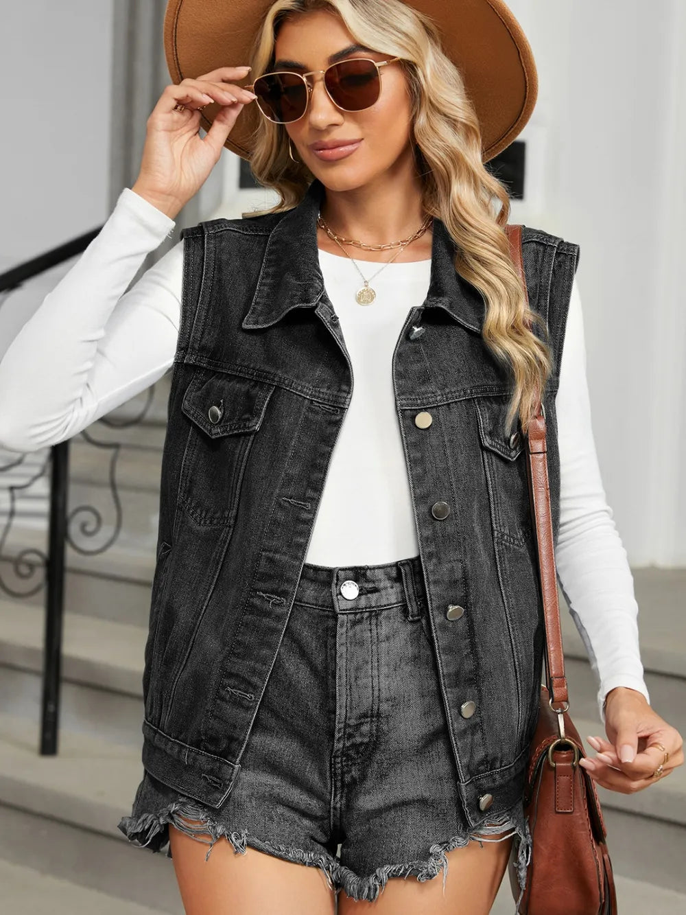 Pocketed Button Up Sleeveless Denim Jacket 