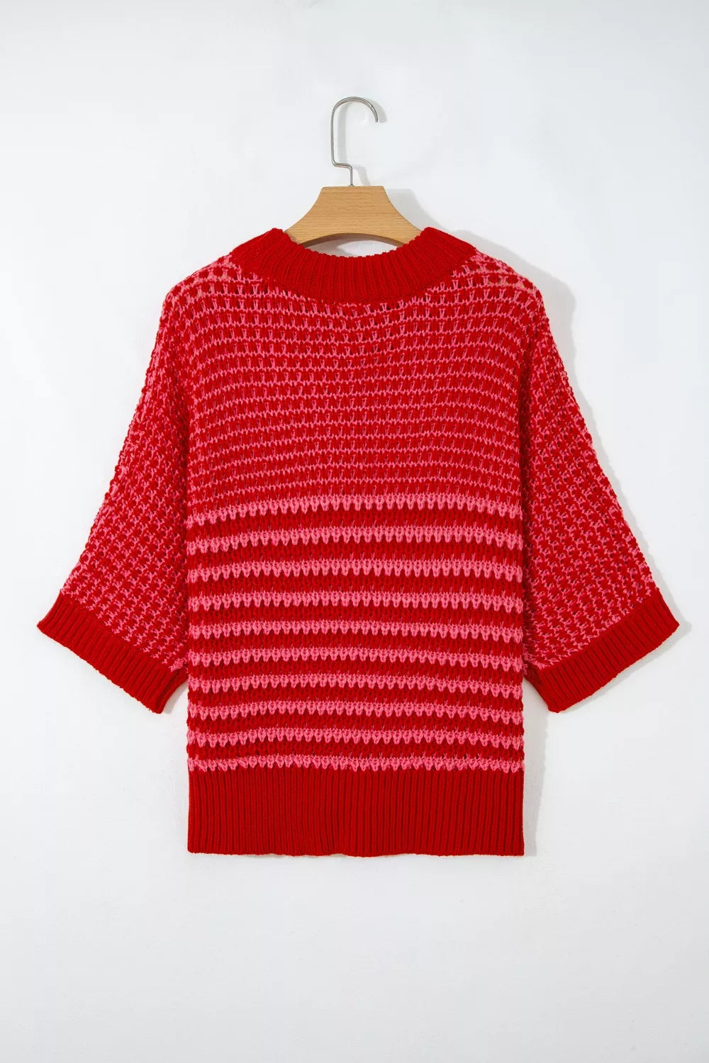 Stripe Wavy Crochet Eyelet Detail Ruffle Half Sleeve Sweater 