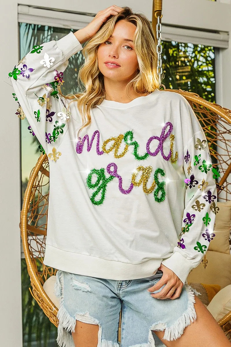 BiBi Fleur De Lis Sleeve Mardi Gras Pullover 