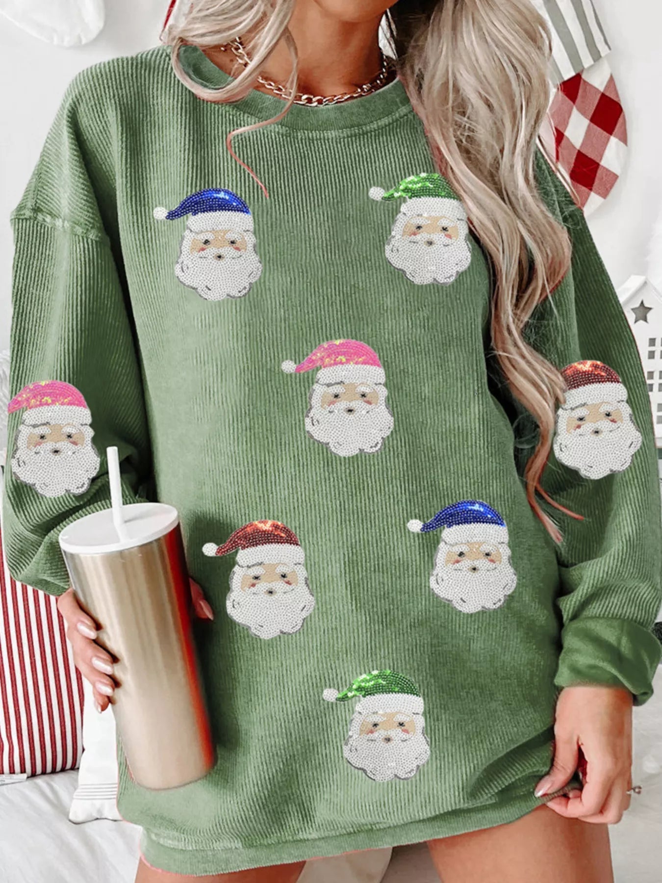 Corded Ribbed Sequin Patched Santa Claus Graphic Sweatshirt 