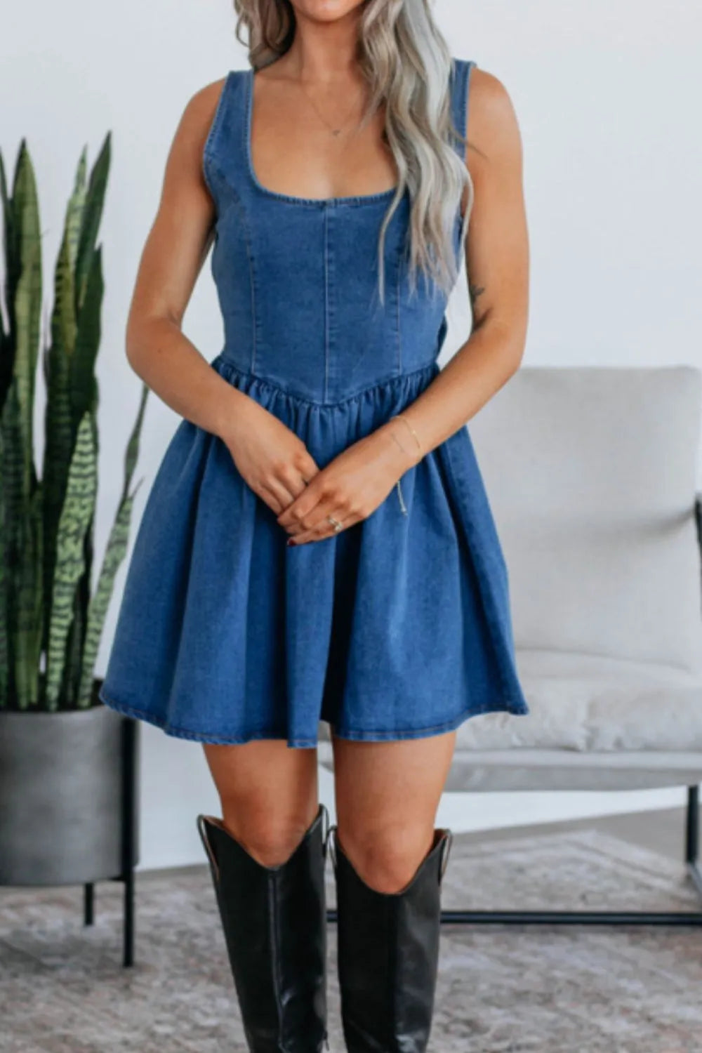 V-Back Bow Tie Denim Skater Dress 