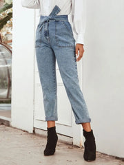 Tied Straight Leg Jeans with Pockets 
