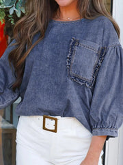 3/4 Sleeve Ruffled Patched Pocket Denim Blouse 