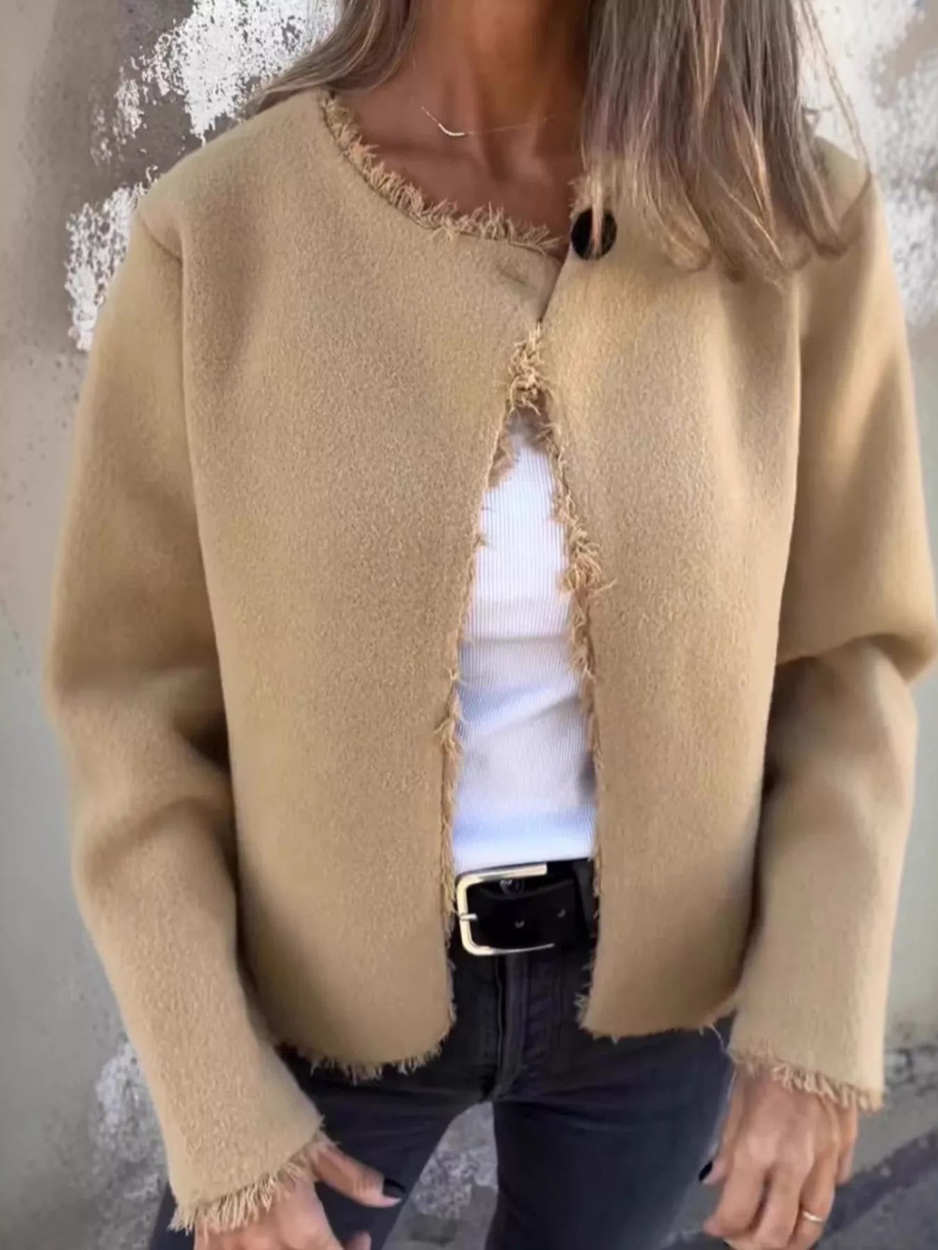Full Size One Button Frayed Edge Cardigan Plus Size 