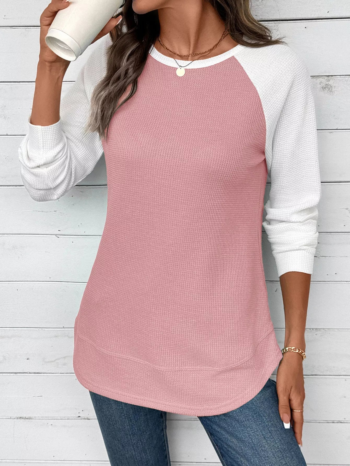 Contrast Raglan Sleeve Waffle Knit T-Shirt 