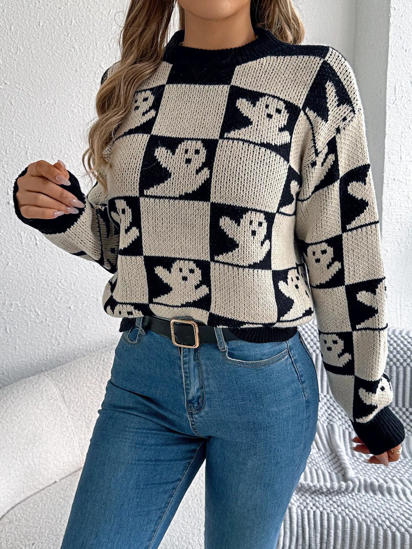 Halloween Ghost Pattern Checkered Round Neck Sweater 
