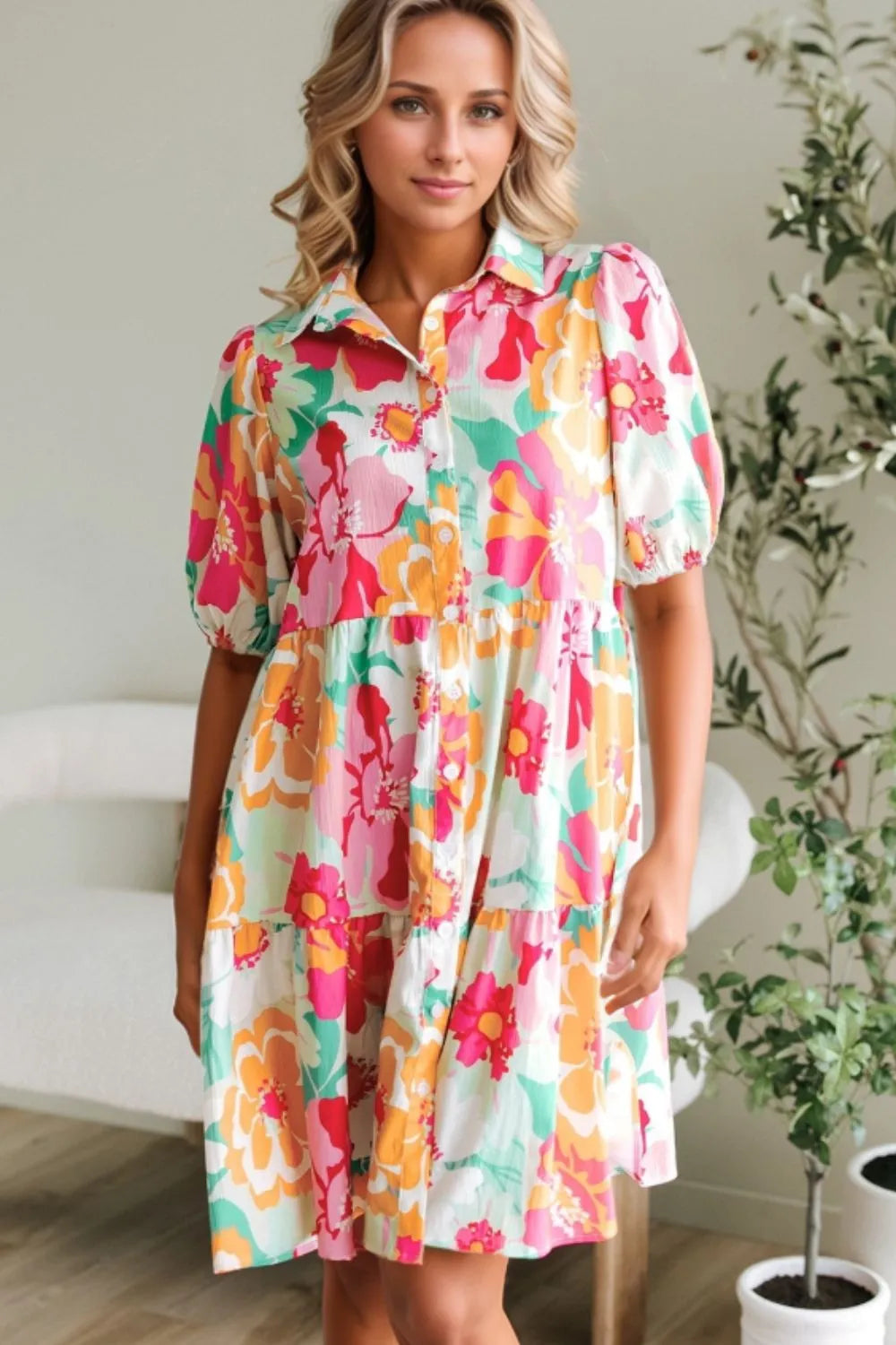 Button Down Floral Puff Sleeve Babydoll Dress 