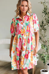 Button Down Floral Puff Sleeve Babydoll Dress 