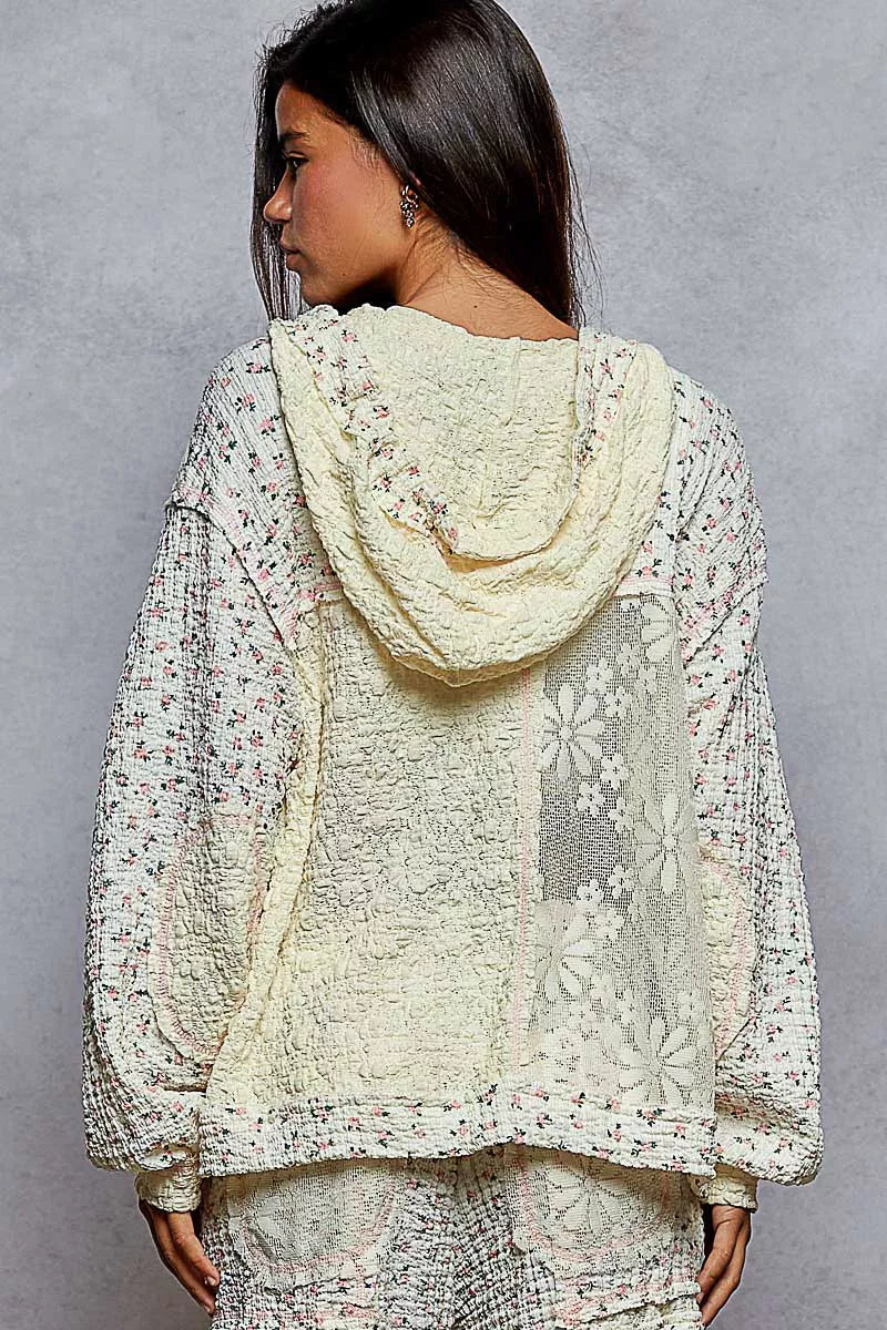 POL Floral Balloon Sleeve Hooded Lace Jacket with Stitch Detail 