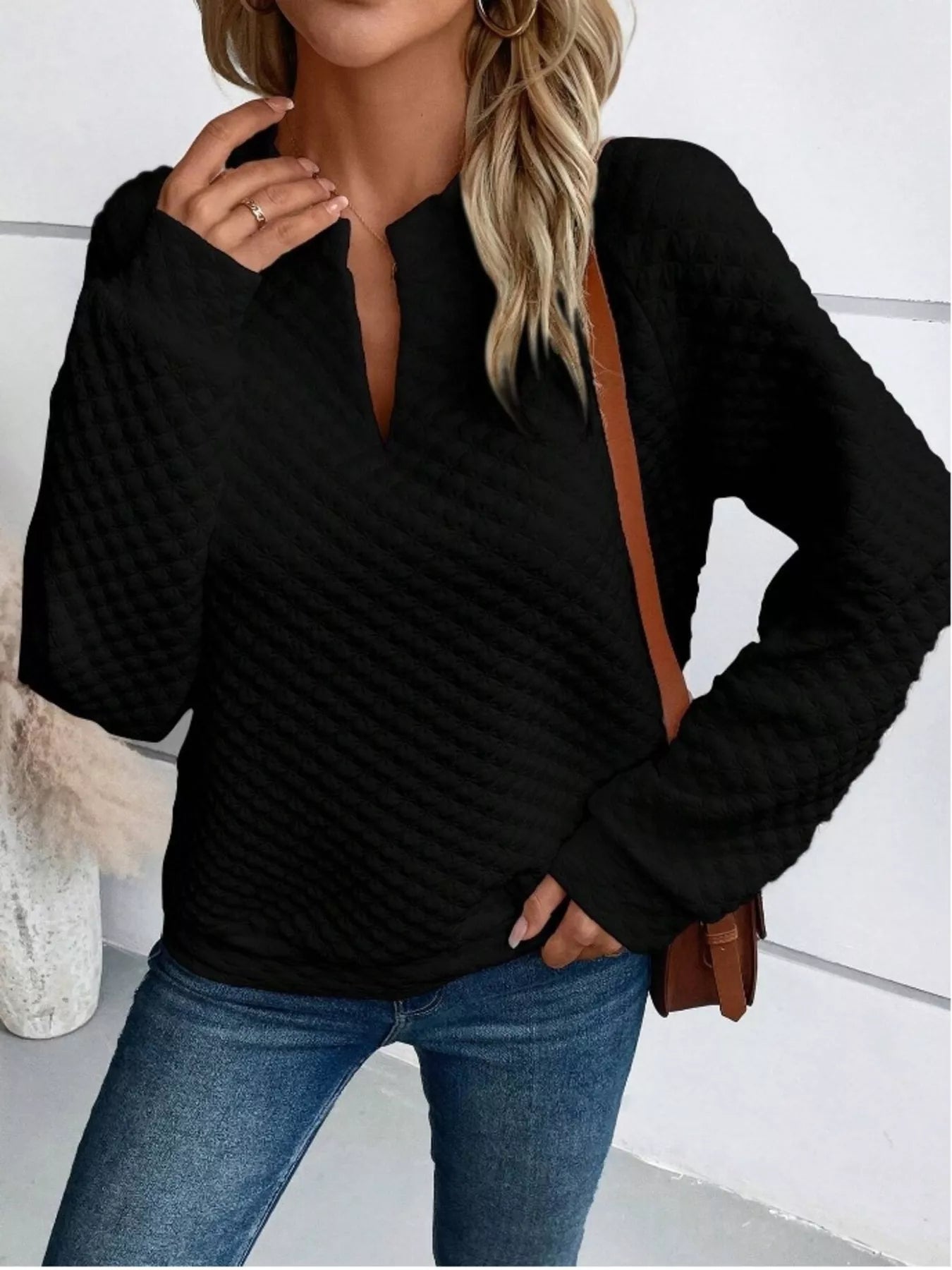 Textured Notched Raglan Sleeve Sweatshirt 