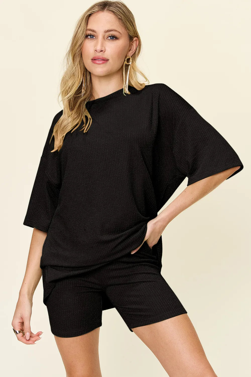 Double Take Full Size Texture Round Neck Drop Shoulder T-Shirt and Shorts Set 