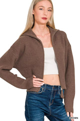 Zenana Ribbed Collared Zip Up Sweater Cardigan 