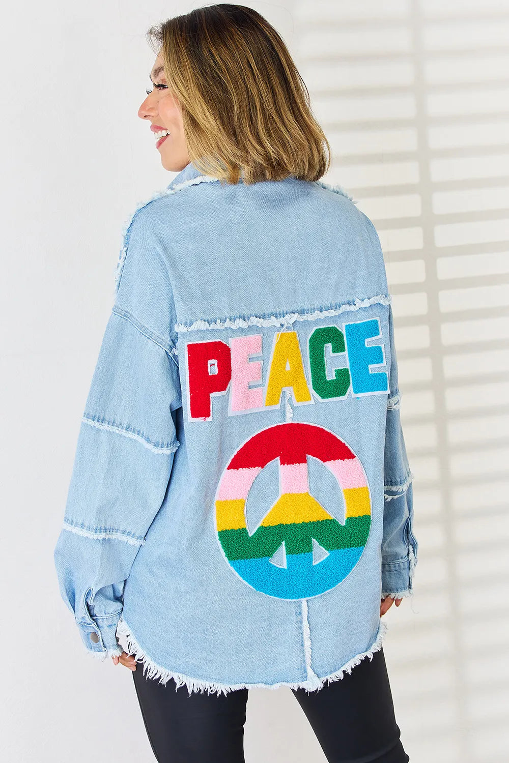 PEACE Raw Hem Dropped Shoulder Denim Top 