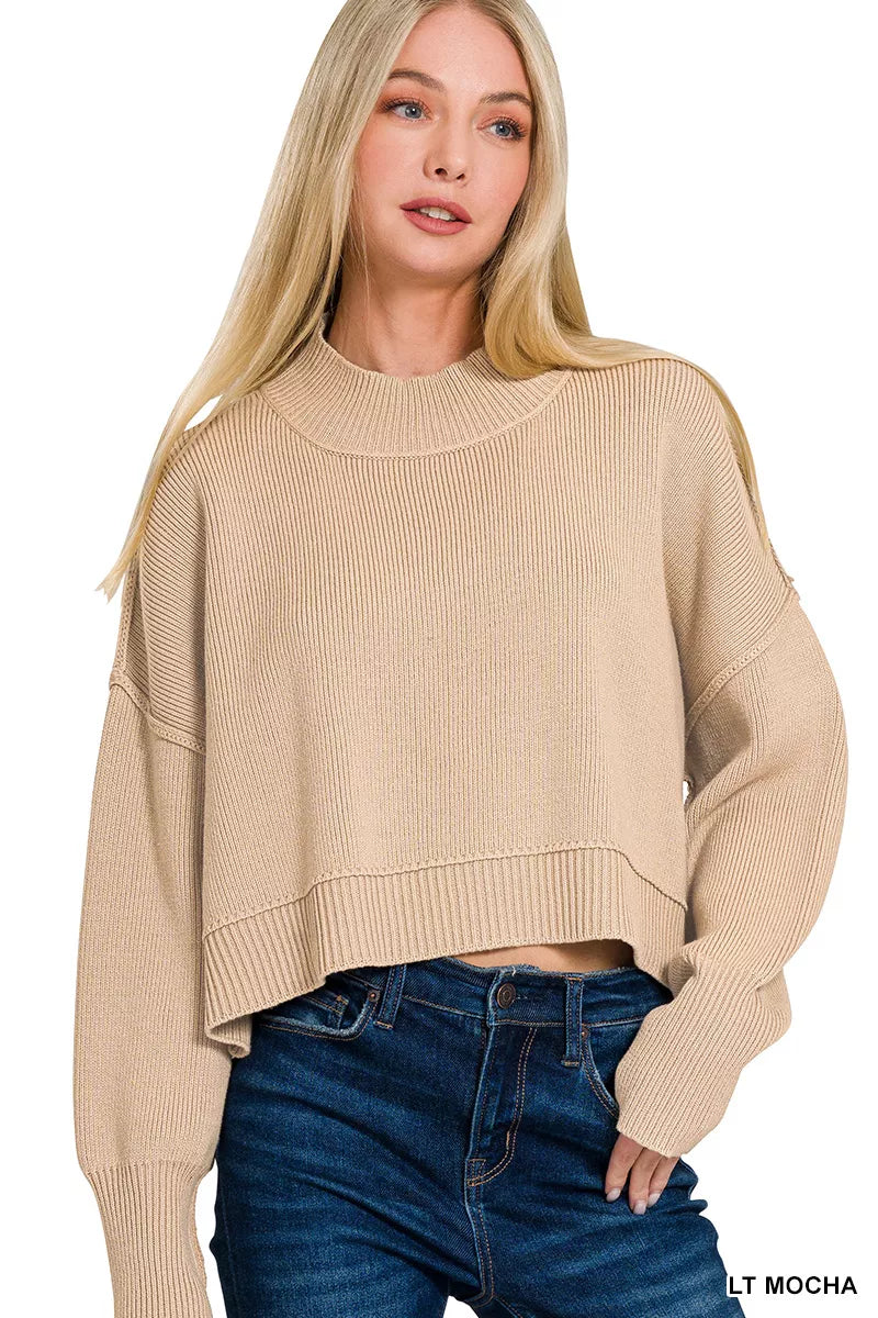 Zenana Side Slit Oversized Cropped Sweater 