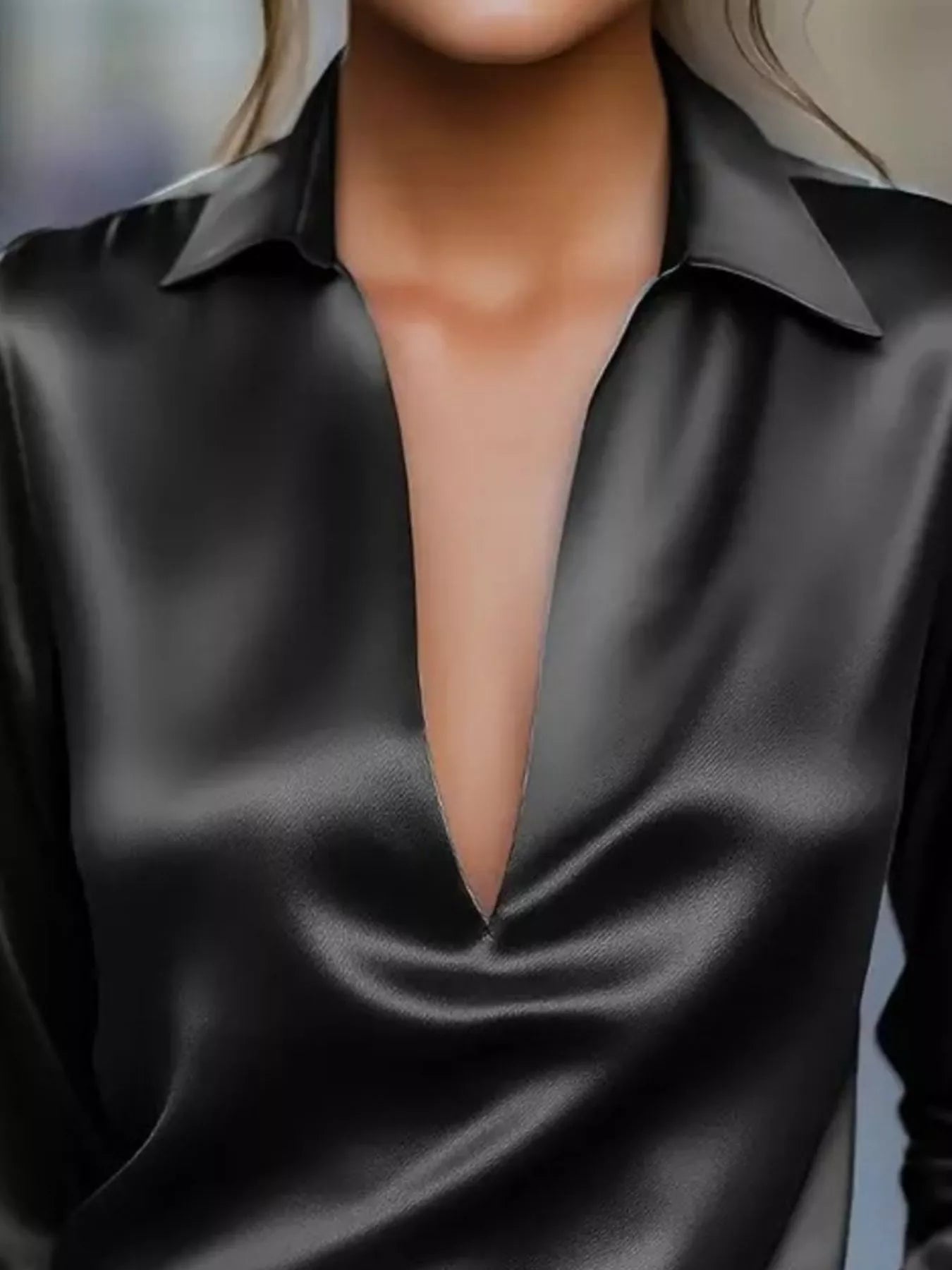 Satin Johnny Collar Long Sleeve Blouse 