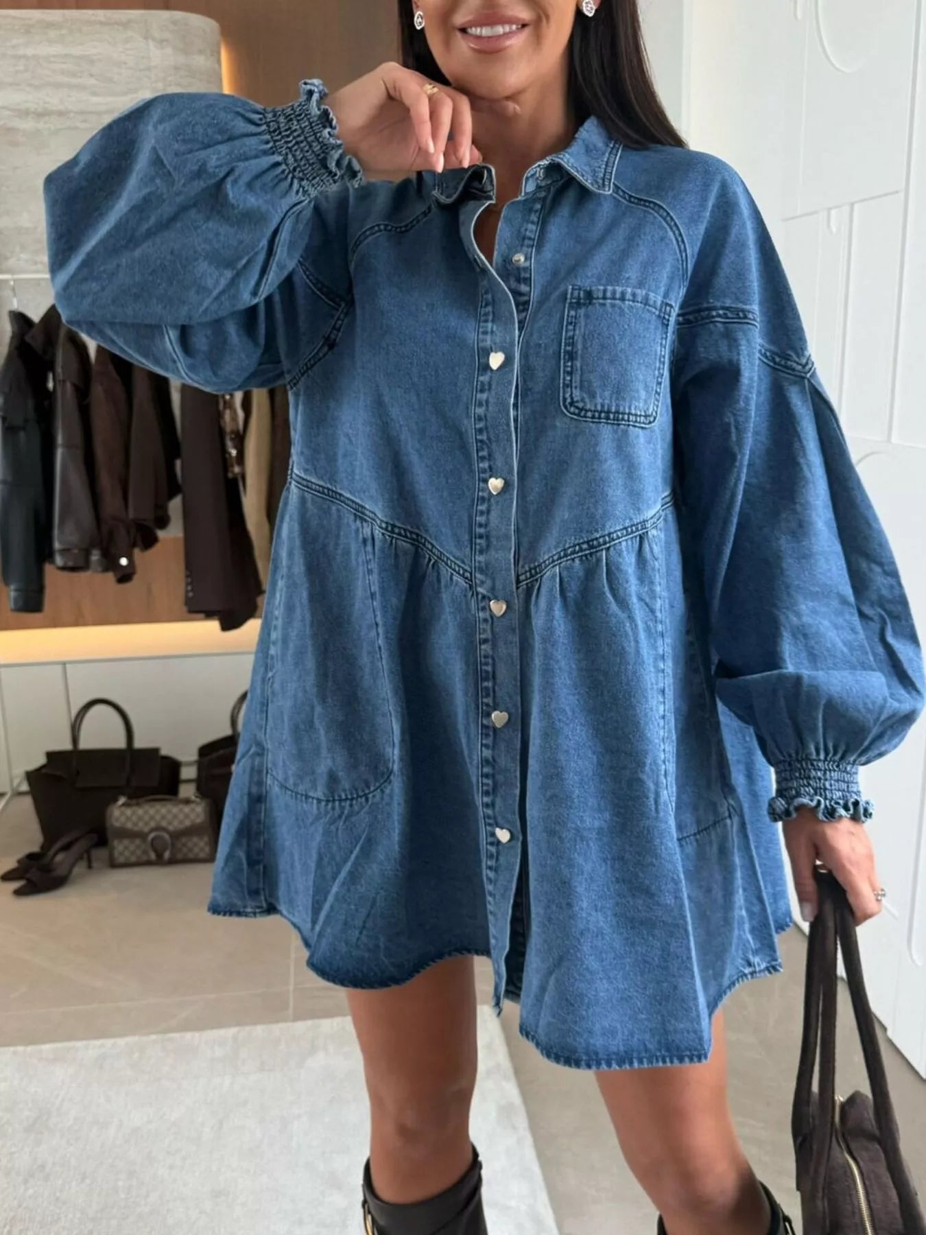 Button Down Mini Denim Dress with Front Pockets 