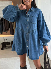 Button Down Mini Denim Dress with Front Pockets 