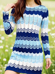 Openwork Wave Pattern Long Sleeve Sweater Dress 