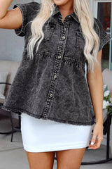 Short Sleeve Flap Pocket Button Up Raw Hem Denim Shirt 