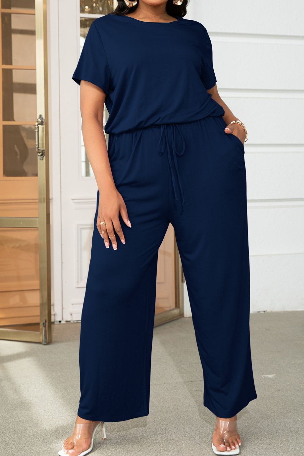 Plus Size Drawstring Waist Short Sleeve Jumpsuit 