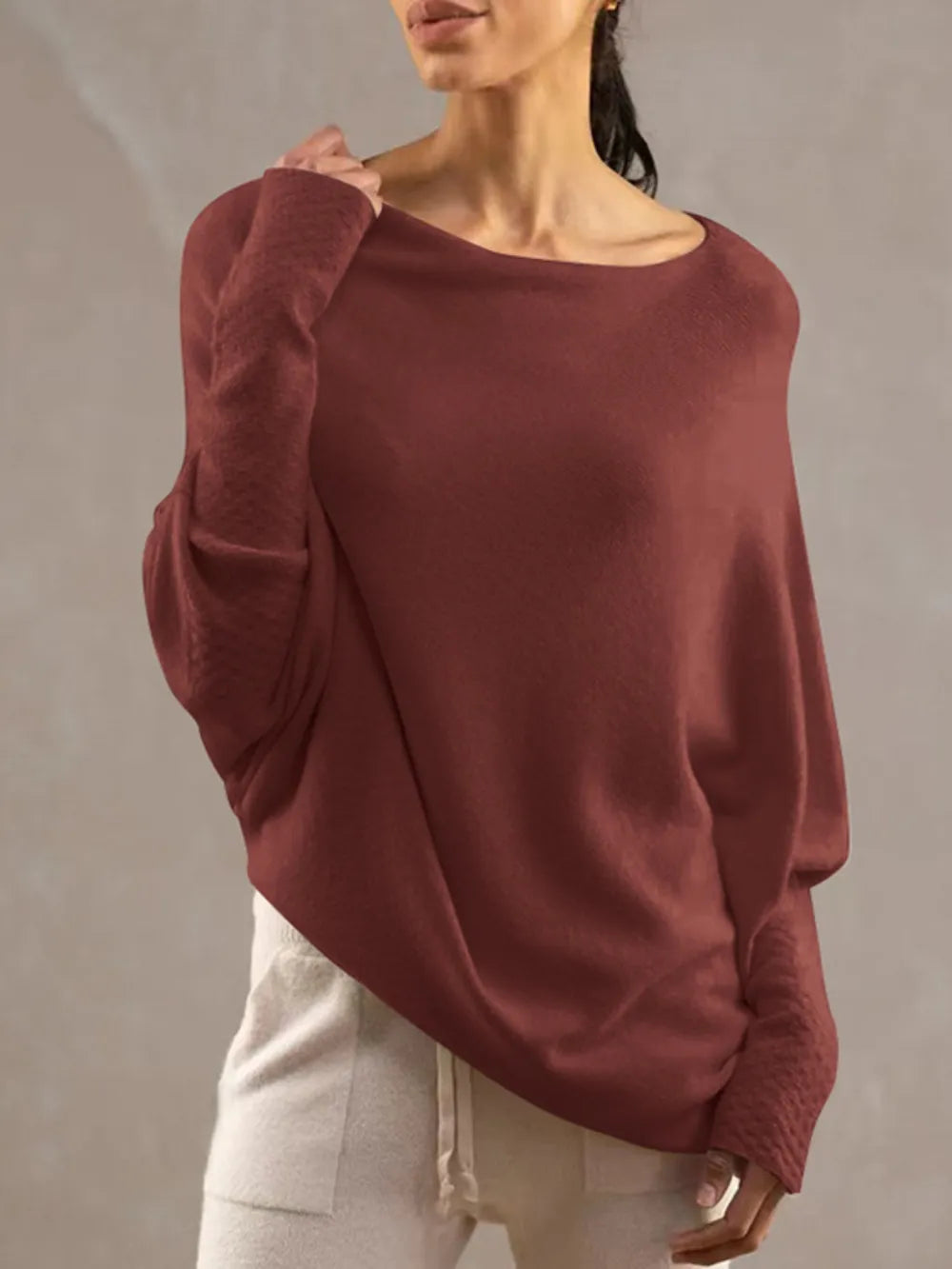 Full Size Boat Neck Batwing Sleeve Knit Top 