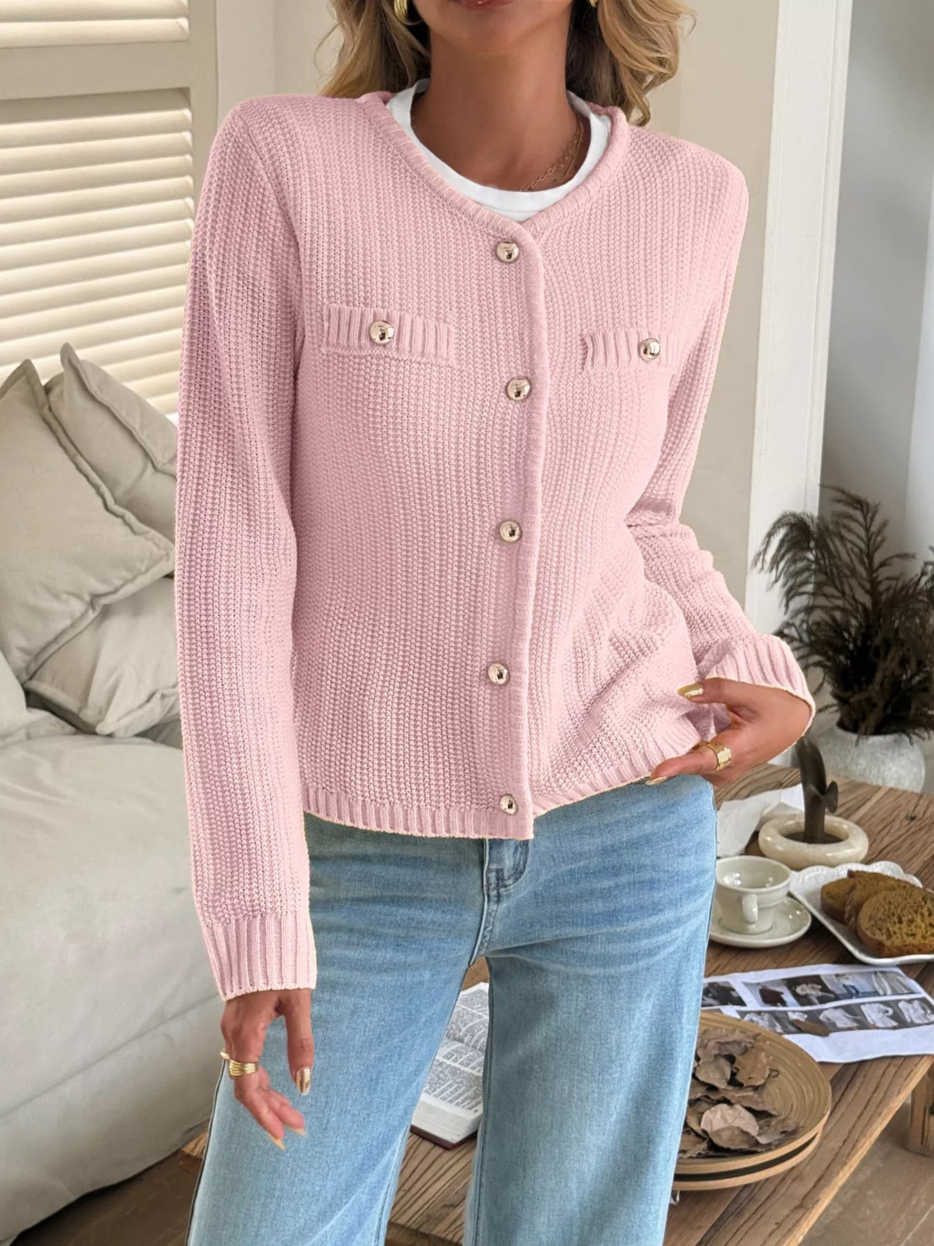 Button-Front Ribbed Long Sleeve Cardigan 