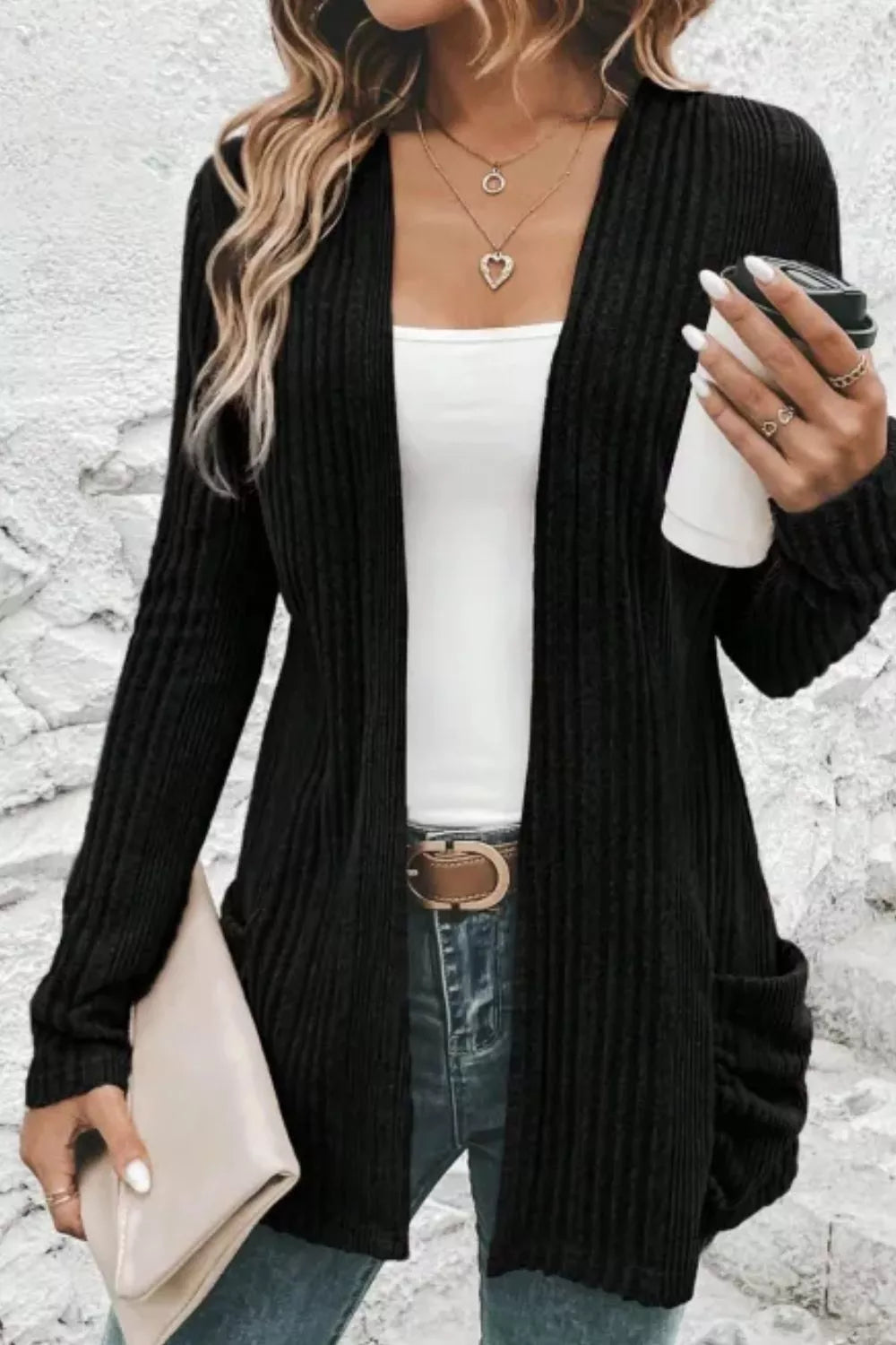 Ribbed Knit Open Front Cardigan with Pockets 