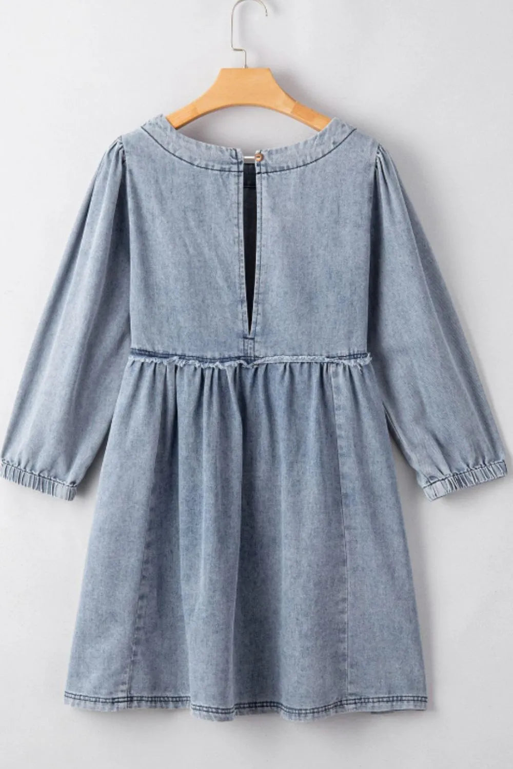 Cutout Round Neck Balloon Sleeve Denim Dress 