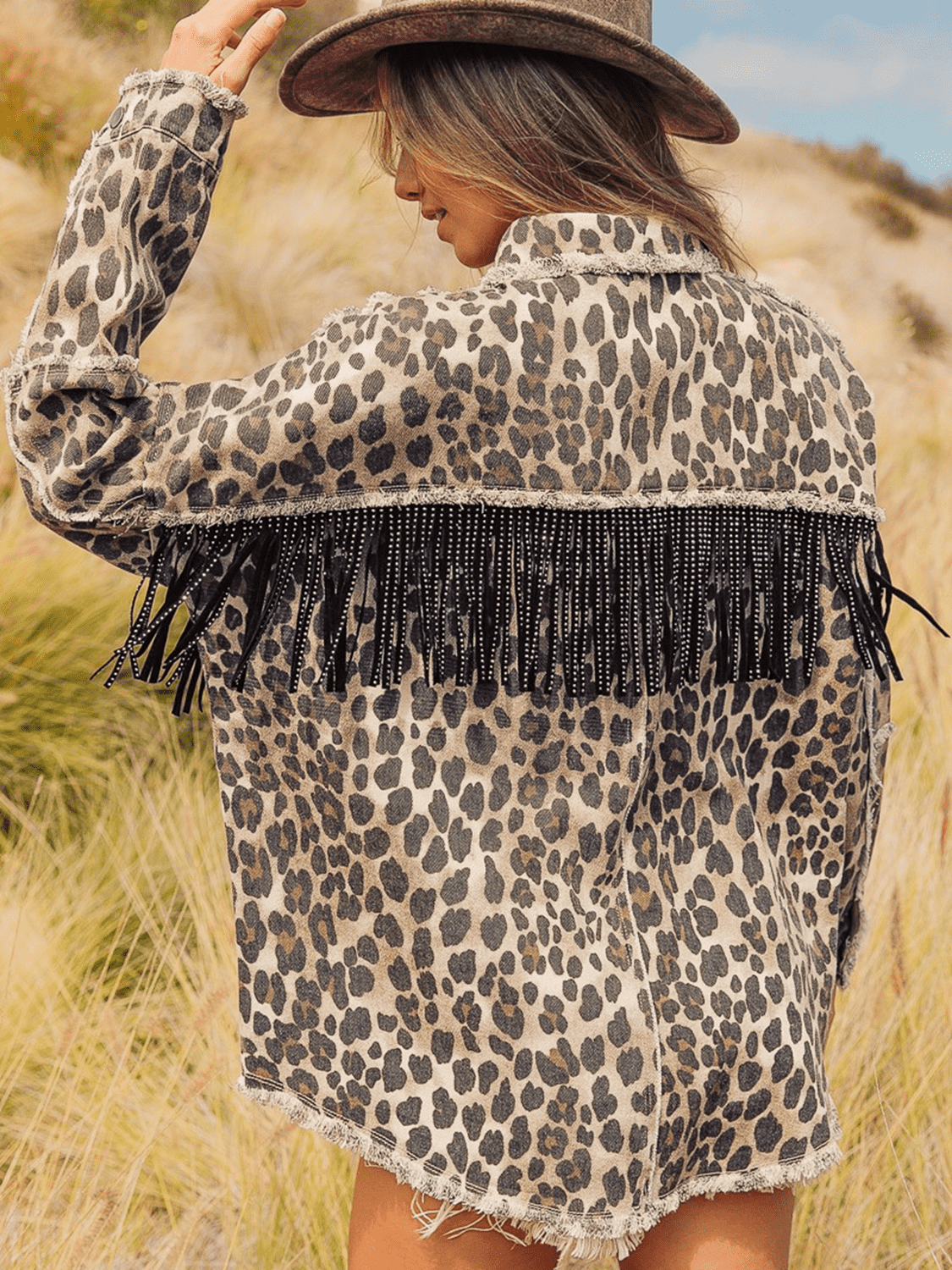 Leopard Fringe Detail Collared Neck Denim Jacket 